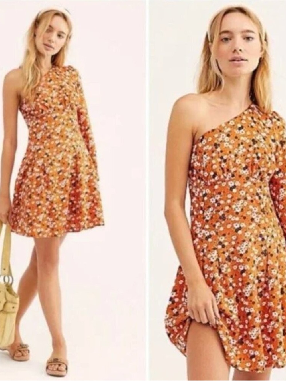 Free People Jules One-Shoulder Floral Mini Dress Orange Size 8